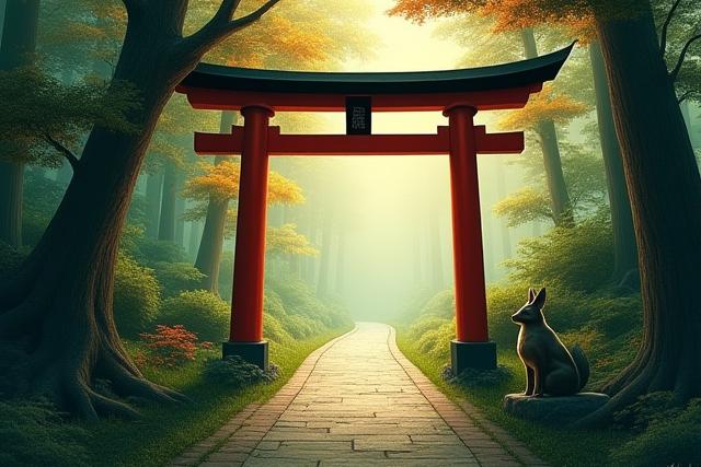 稲荷神社の鳥居と狐の像、創造性と物語の守護を象徴