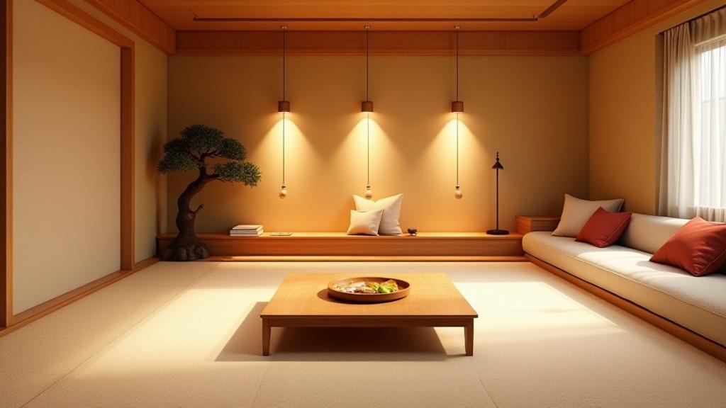 リラックスできるソファと和風の装飾があるクリエイティブラウンジ。